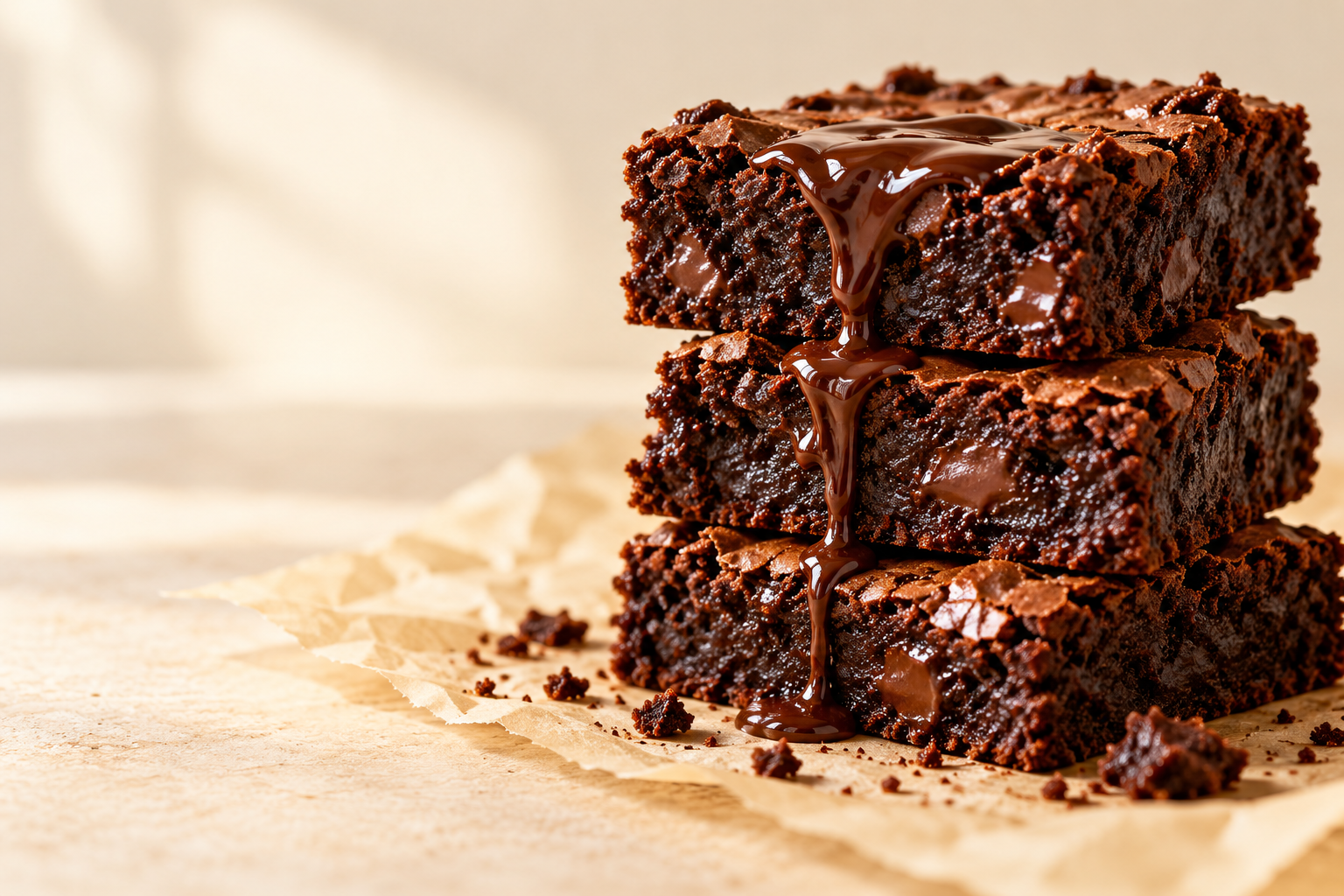 Rich chocolate brownies stacked on parchment